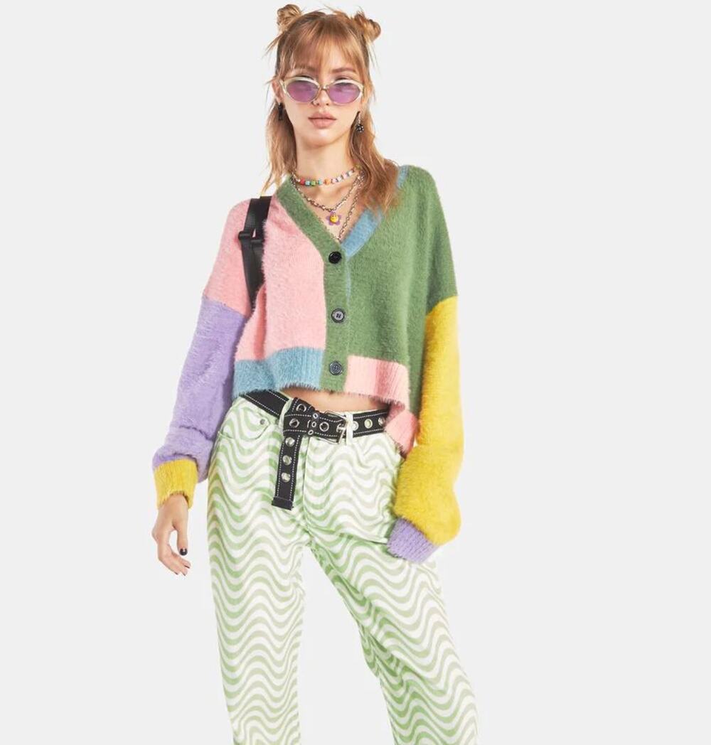 Ragged Priest Fuzzy Colorblock Cropped Boxy Cardigan Y2K Grunge Dopamine Fall S
